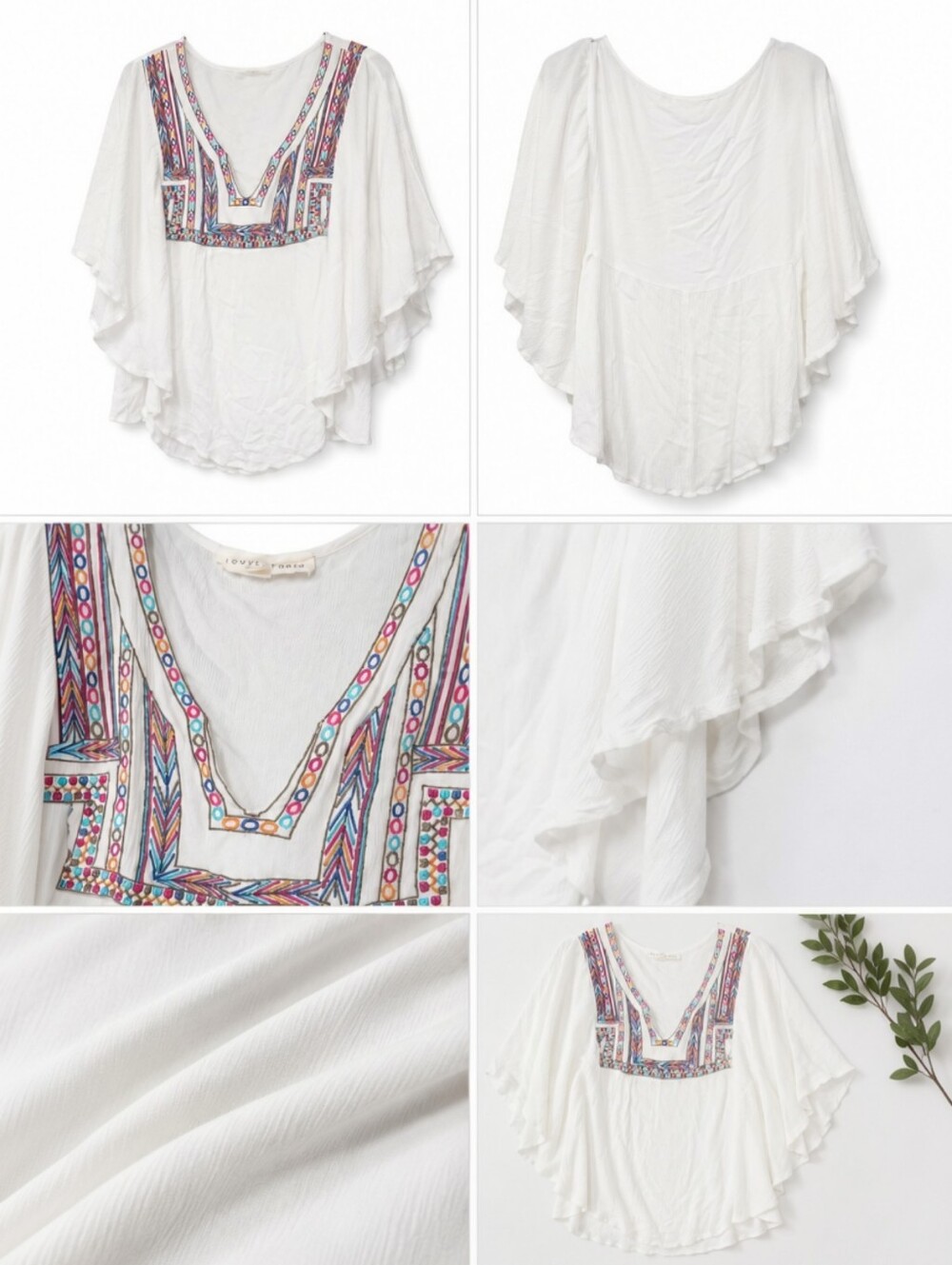 Lovestitch White Flutter/Angel Sleeve Poncho Colorful Embroidered Boho Blouse L
